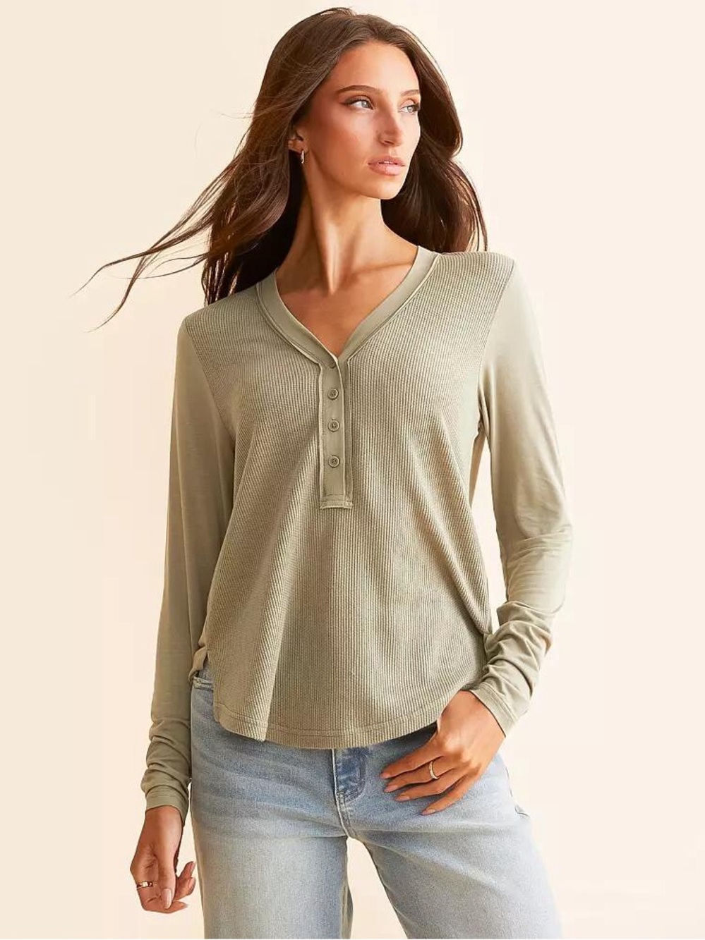 White Crow Waffle Details Sage Green Henley Long Sleeve Tshirt Women’s Size M